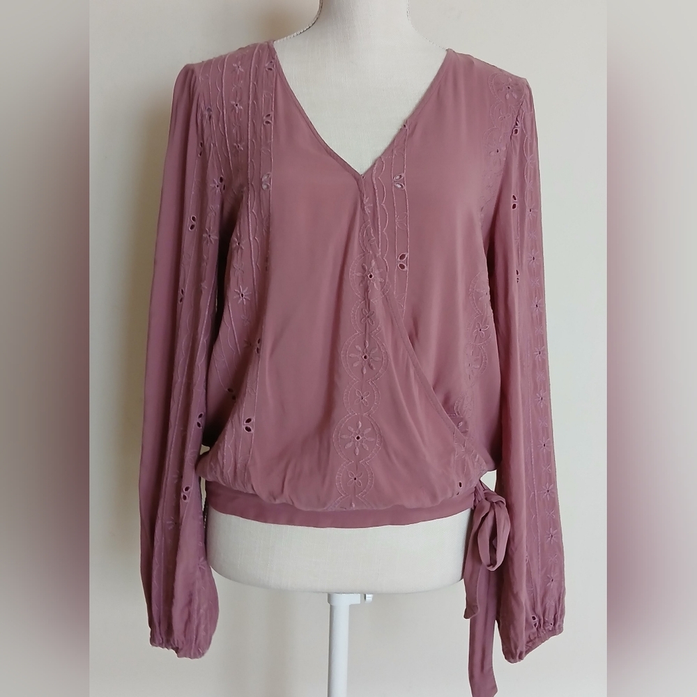 Aeropostale Pink Long Sleeve Eyelet Wrap-Front Top